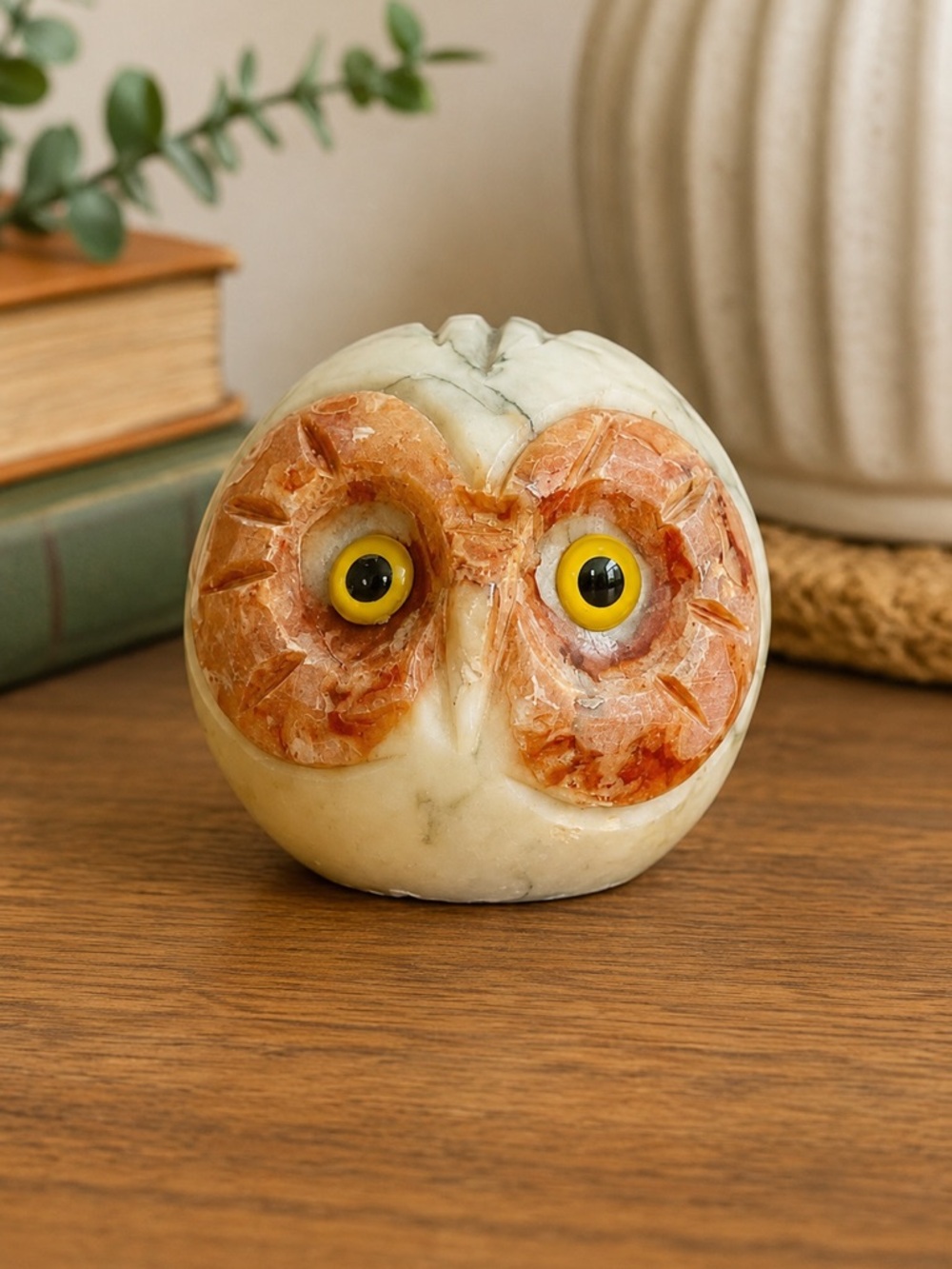 Vintage Alabaster Owl Figurine Yellow Eyes Mid Century Stone Paperweight